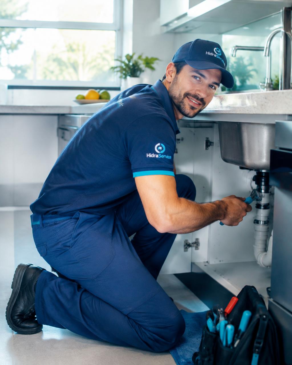 Profissional parceiro realizando manutenção hidráulica em cozinha residencial